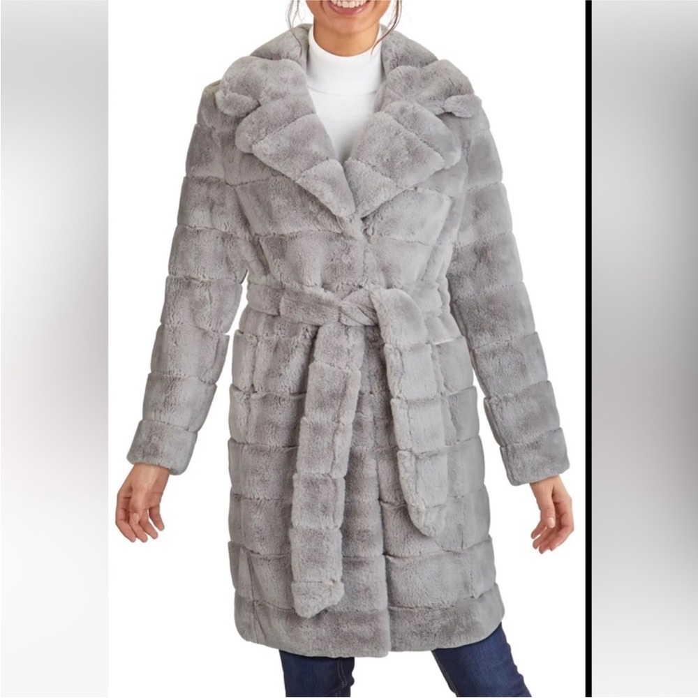 Kenneth Cole Gray Grooved Faux Fur Belted Coat NWOT Sz Xs